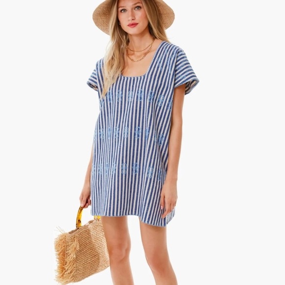 Tuckernuck Blue Stripe Mini Sullivan Embroidered Canvas Caftan Dress Size Medium - Picture 5 of 6